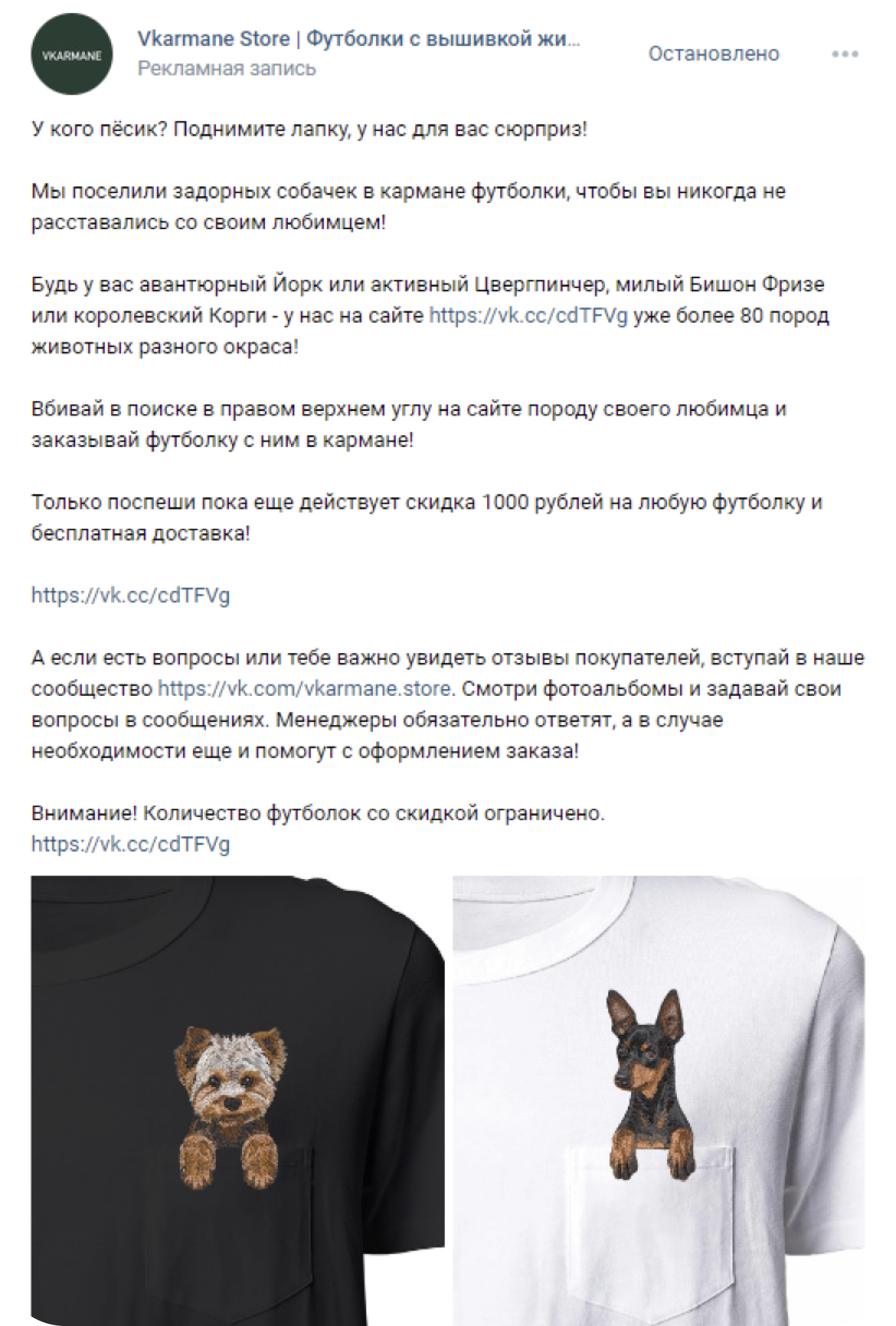 Рекламная запись VKarmane с длинным текстом