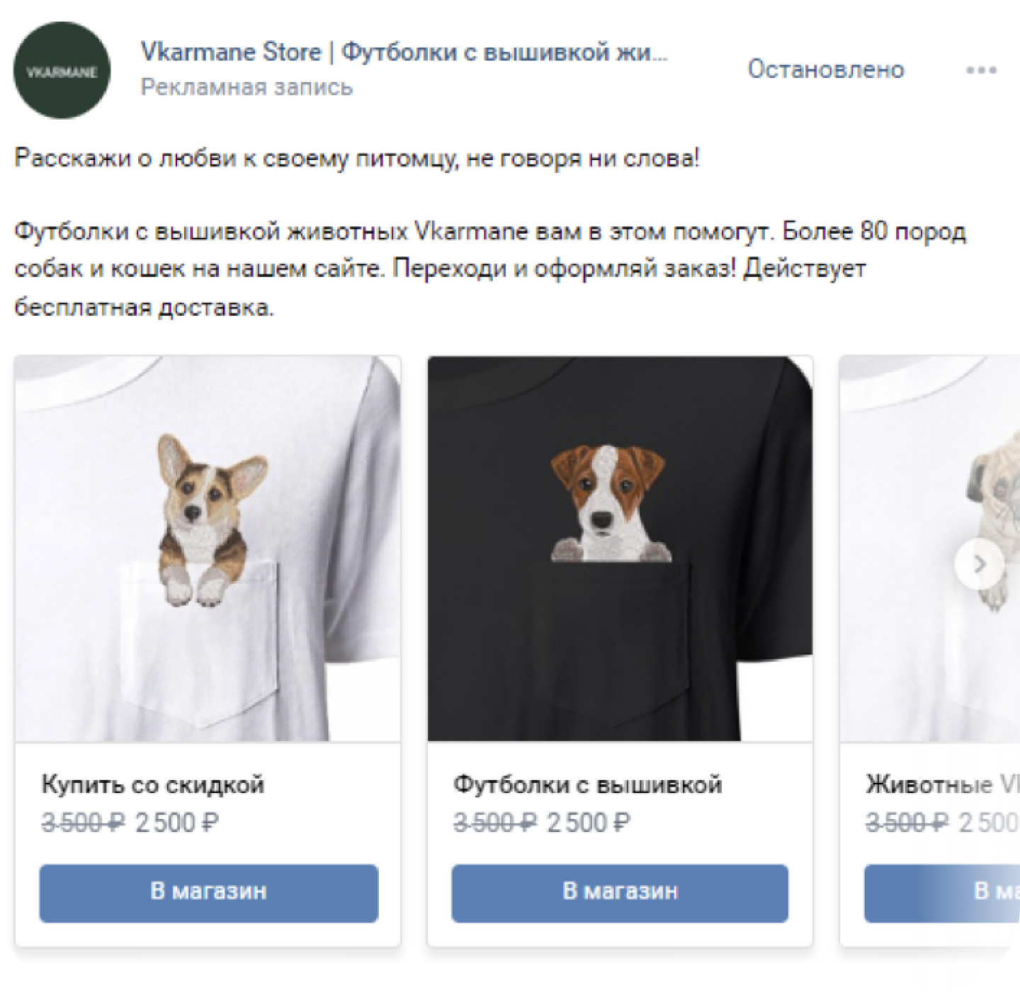 Рекламная запись VKarmane с товарной плиткой